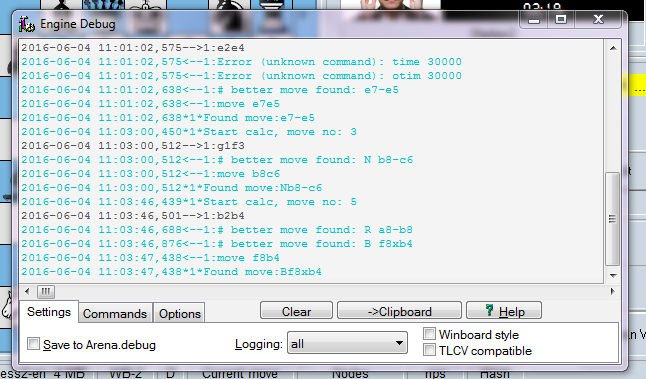 Log and debug window for XBoard Protocol in Arena